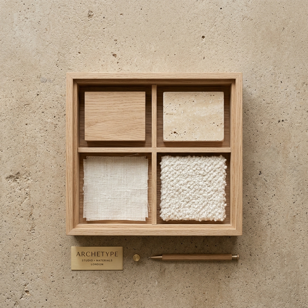 Atelier Swatch and timber Sample Box showing oak, walnut, travertine, linen, and boucle