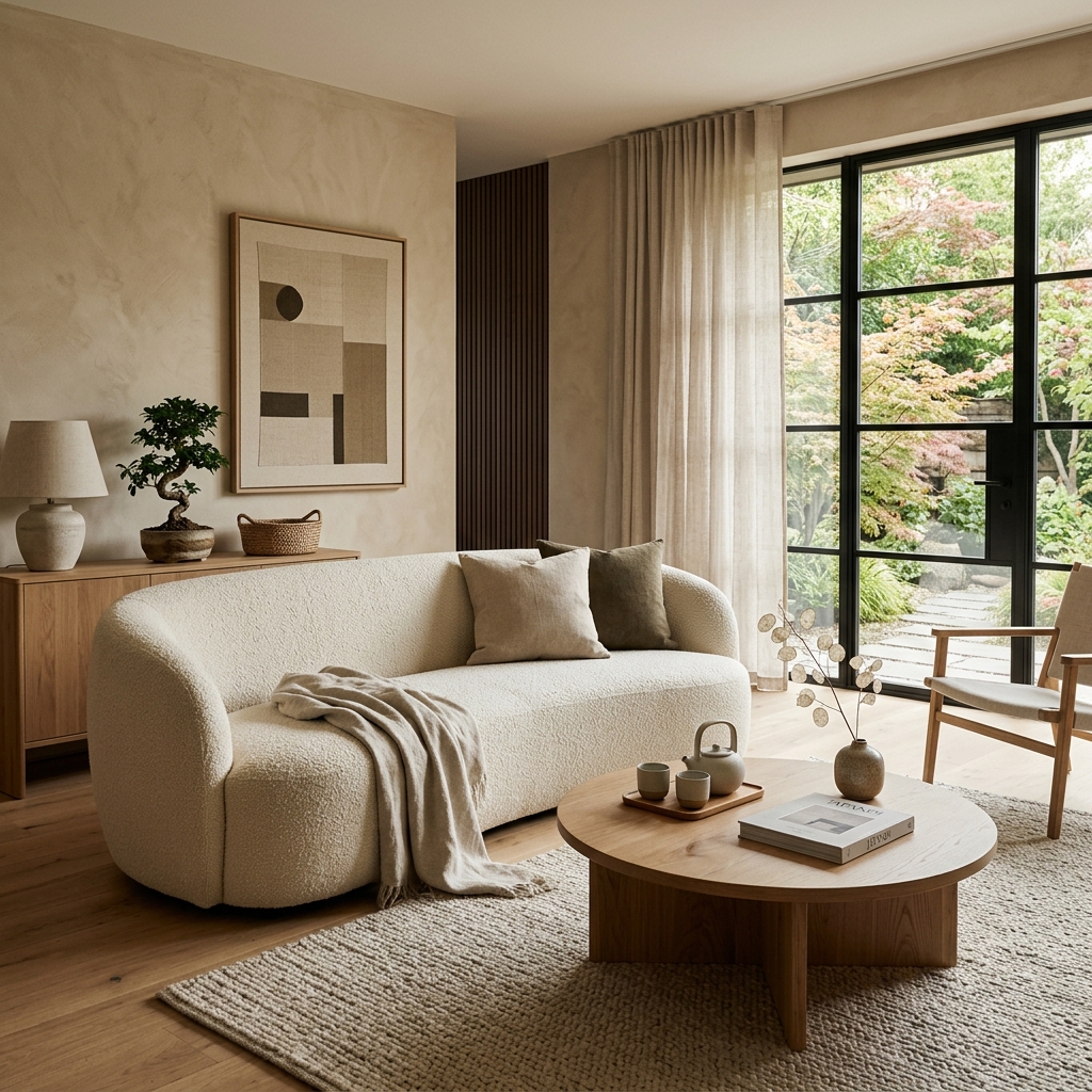 Beige Japandi living room interior