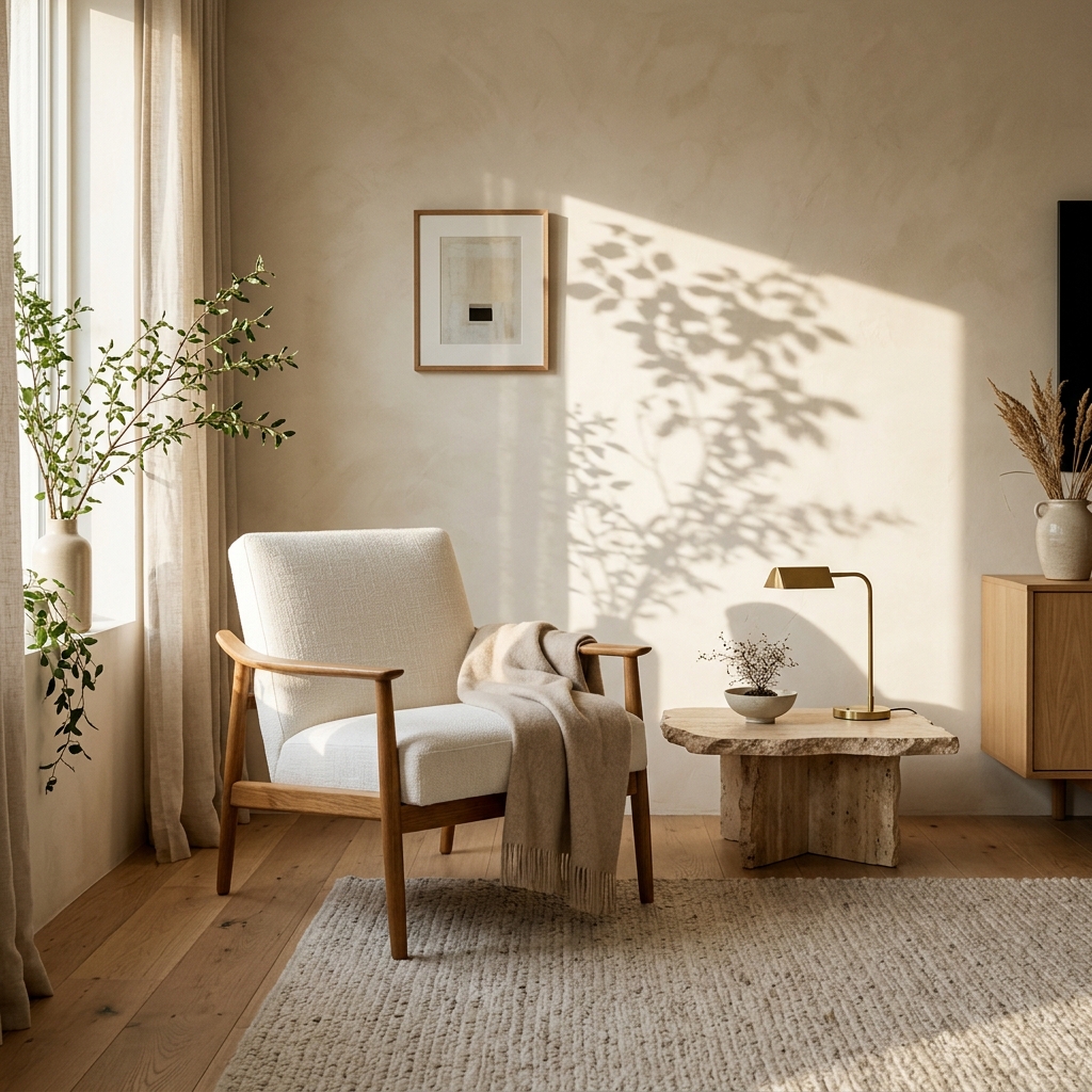 Minimalist Japandi living room setting with sustainable oak lounge chair and raw travertine side table