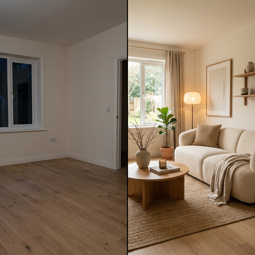 Before/After Warm Japandi Living Room transformation