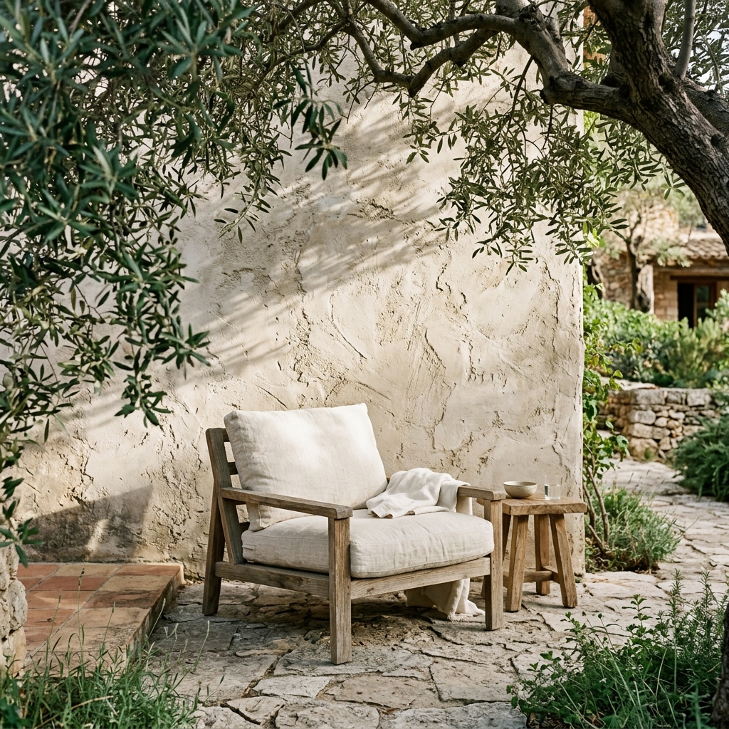 Patio setup with solid wood sunlounger