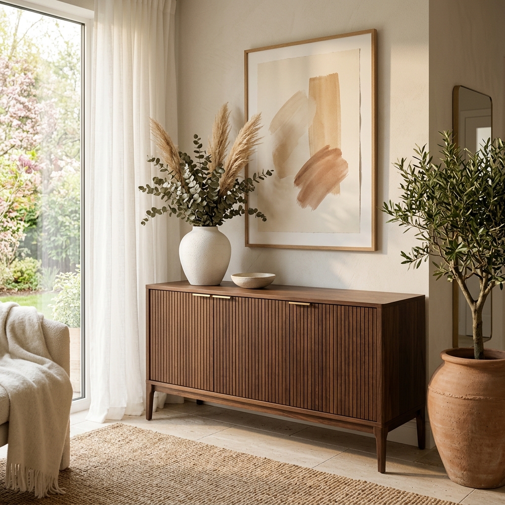 Spring Sale — Walnut sideboard with ceramic vase and botanical stems in a warm minimal living space